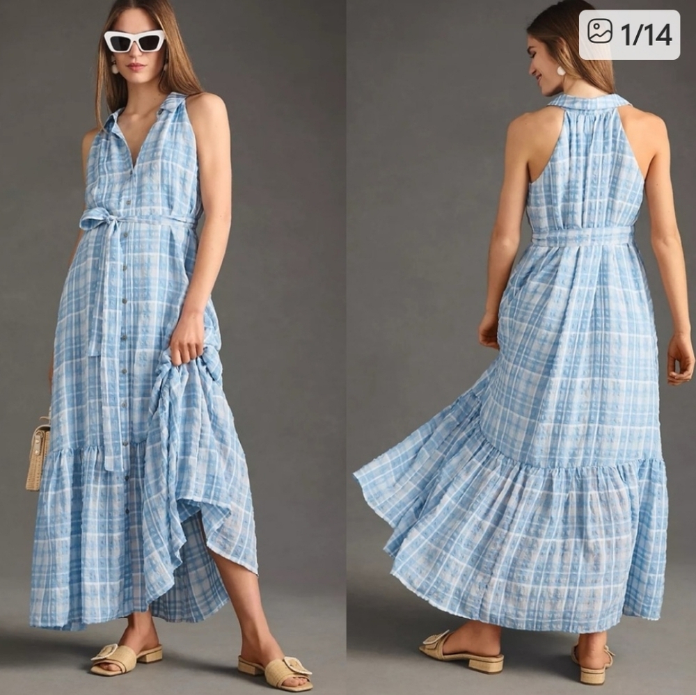 Anthropologie Light Blue Plaid Maxi Dress
